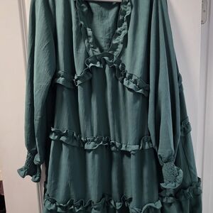 ODDY Long-Sleeve Ruffle Tiered Dress in Teal Green